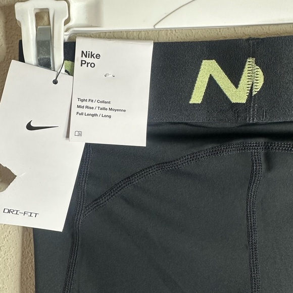 Nike Pro Mid-rise Full-length Leggings black/neon yellow size Extra small - Picture 2 of 7